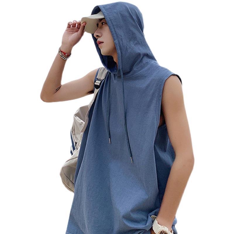 2022 Summer Men's Hip Hop Hooded Sleeveless Tank Top - Trendy Solid Color for Students