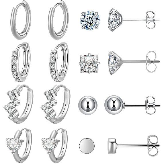 Surgical Steel Small Huggie Hoop CZ Stud Earrings Set for Women