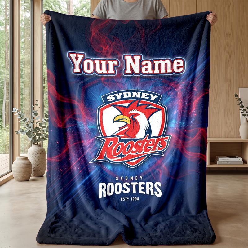 Sydney Roosters Custom Flannel Throw Blanket Print Your Name Text Soft Warm Blanket Holiday Present