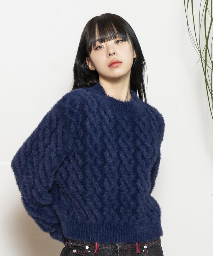 RuNaKi'Hu' Wxk014 Loose Cable Knit Pullover Hairy Knit (Dark Navy)