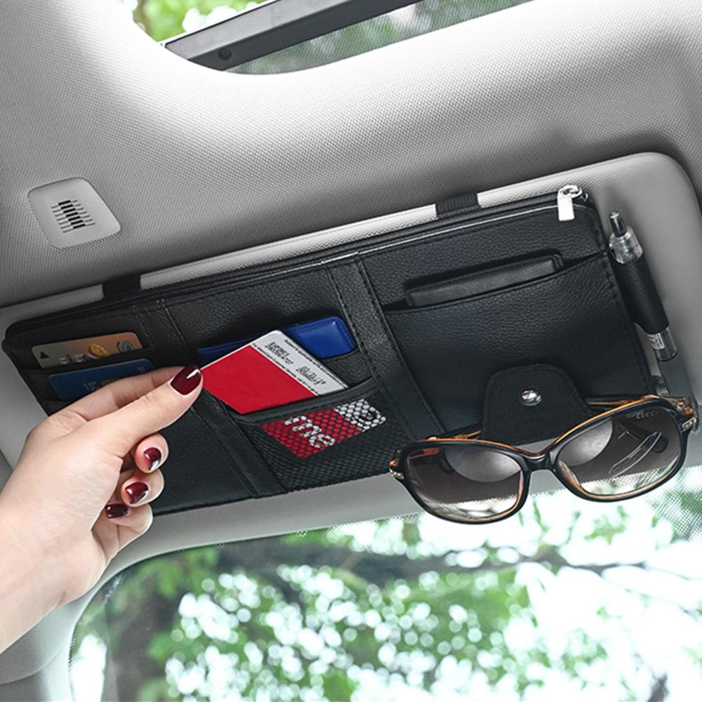 Car Leather Sun Visor Organizer Interior Pocket Pen Glasses Bag Storage Holder