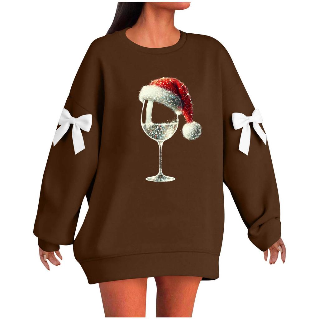 Ladies' Christmas Printed Bow Round Neck Long Sleeved Loose Pullover Sweater Sweatshirt Top