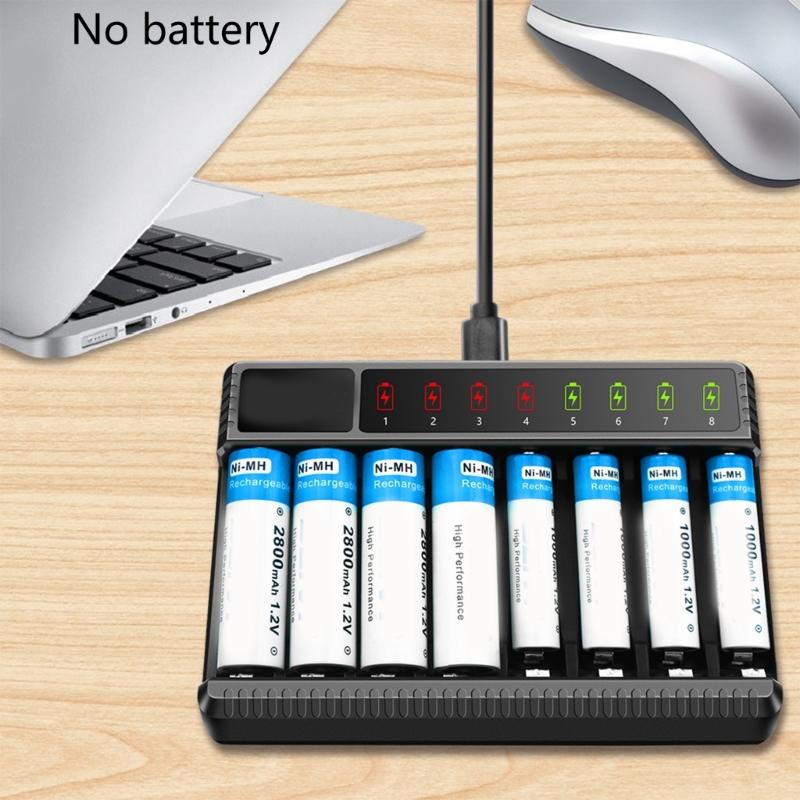 8-слотовый зарядник для аккумуляторов AA AAA с ЖК-дисплеем и USB-C, высокоскоростная зарядка, независимые слоты для NiMH NiCD перезаряжаемых аккумуляторов