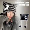 Winter Knitted Hat Cat Ear Design Plush Ball Decor Striped Print Windproof Warm Women Hat Cold Weather Headwear