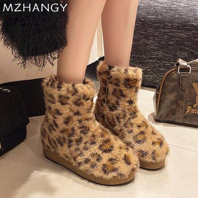 Меховые женские ботильоны с леопардовым принтом, зимние туфли на платформе, женская мода 2025 года, теплое платье, новые зимние короткие плюшевые сапоги Mujer Botas