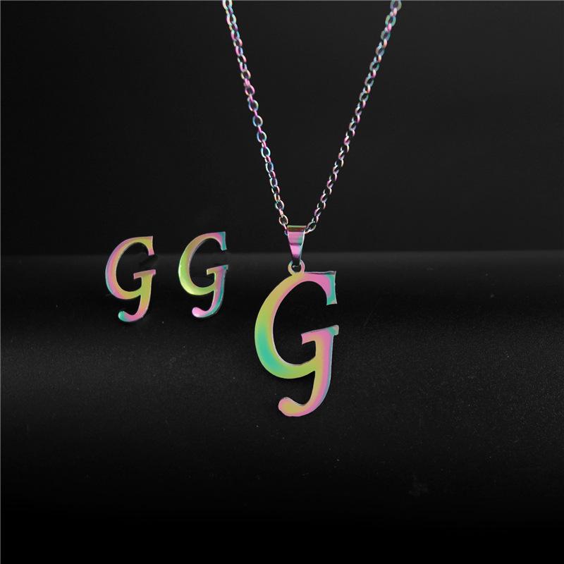 RUI RUI YU 26 Letter Colorful Stainless Steel Jewelry Sets for Women Men Alphabet Initial Chain Pendant Necklace Earrings Kids Gift