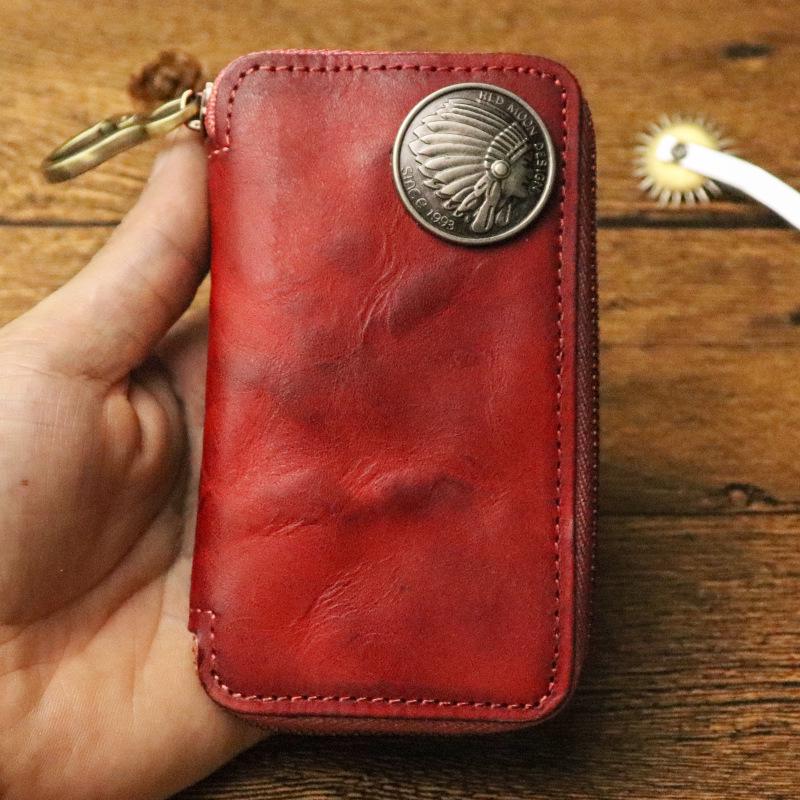 Men's Vegetable-Tanned Leather Multi-Functional Key & Card Holder with Zipper