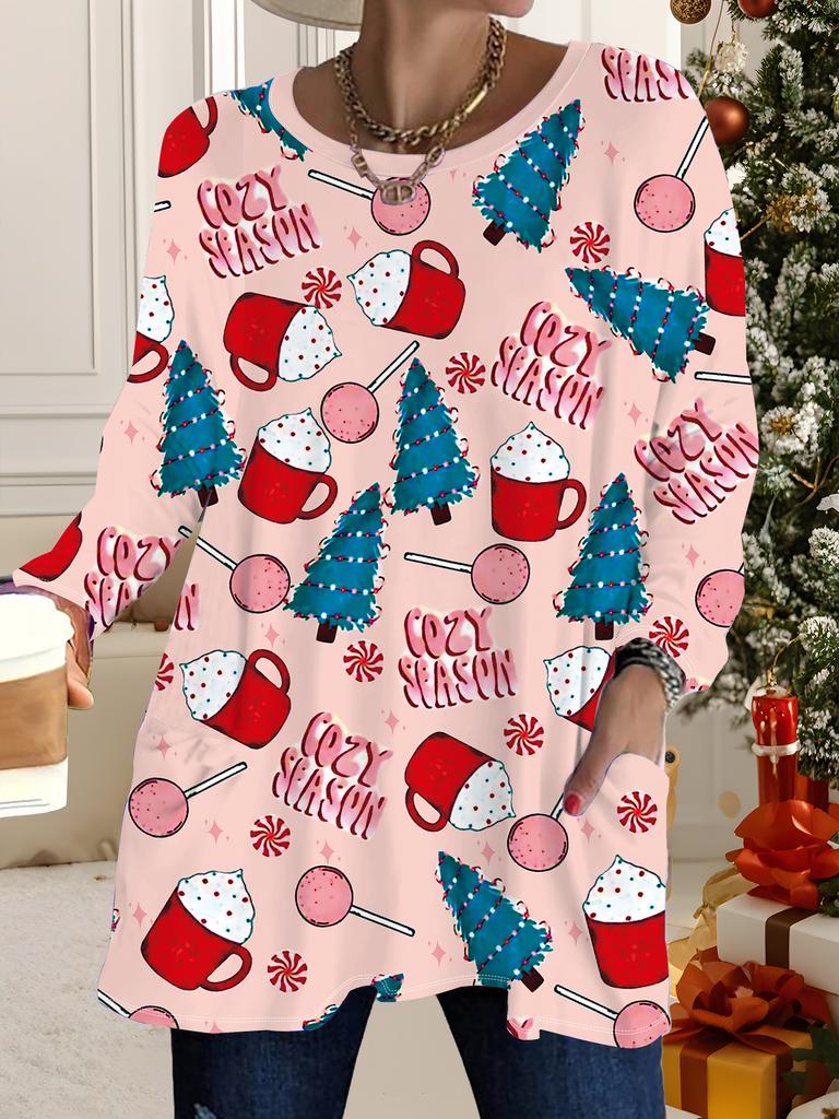 2025 Autumn Winter New Plus Size Women's Tops, Christmas 3D Print Fashion Crew Neck Long Sleeve T-Shirts