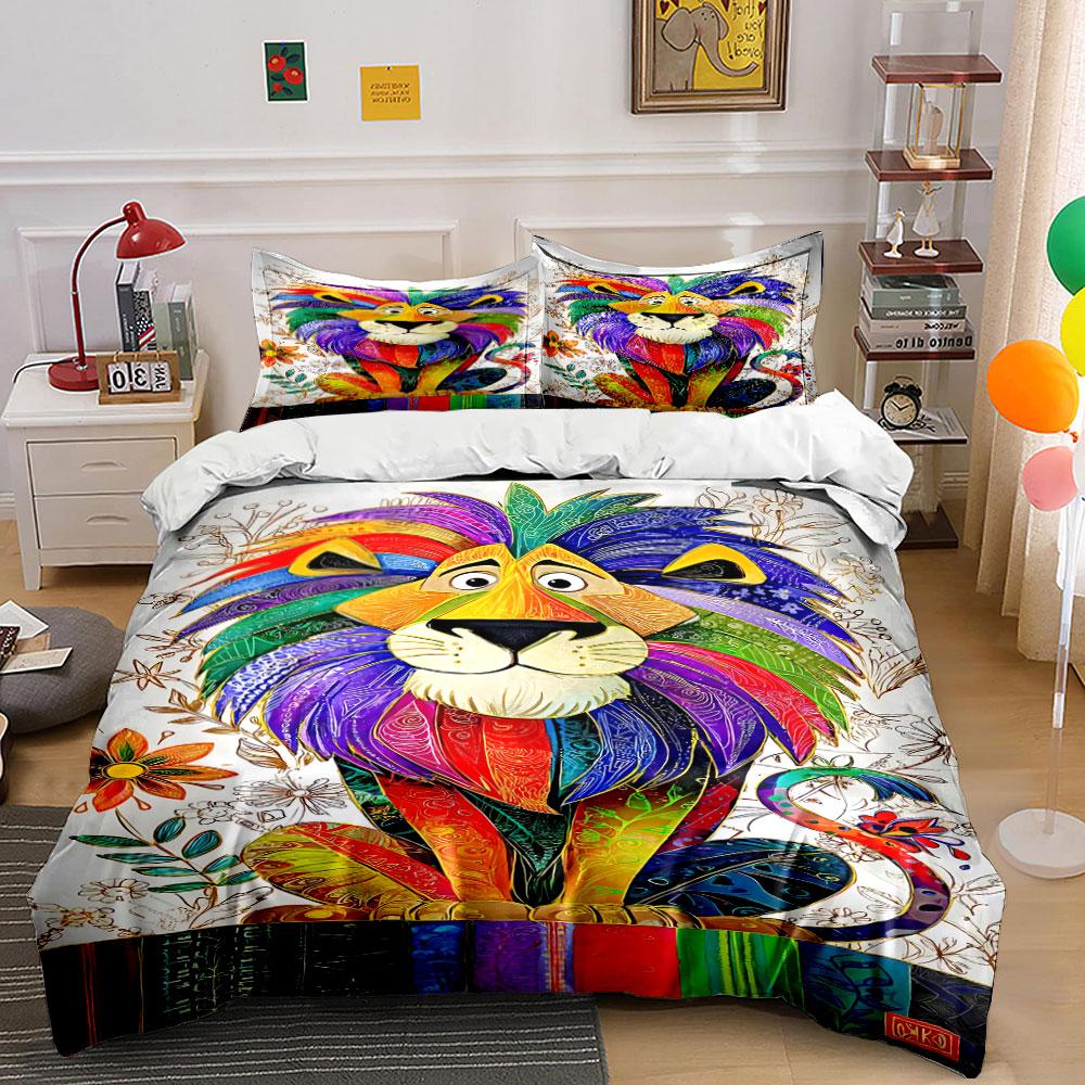 Colorful lion with flowers. Bedding sets Duvet cover sets Duvet covers Pillowcases(1* Duvet Cover 2* Pillowcases without duvet insert)