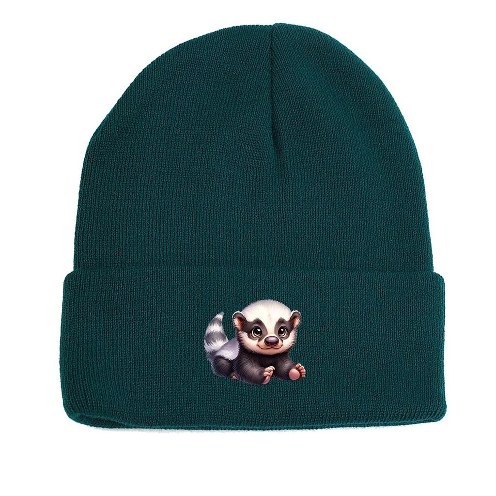 White Head Badger Print Knitted Cap Beanie, Animal Skull Cap Cuff Fit Stylish Bobble Hat Knit Hat Beanie