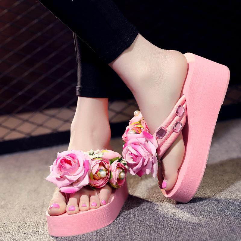 Fashion Platform Sandals 2024 Summer Fashion Women Flip Flops Wedge Beach Slides Flower Pearl Ladies Outside Thick Sole Bohemian Sandals