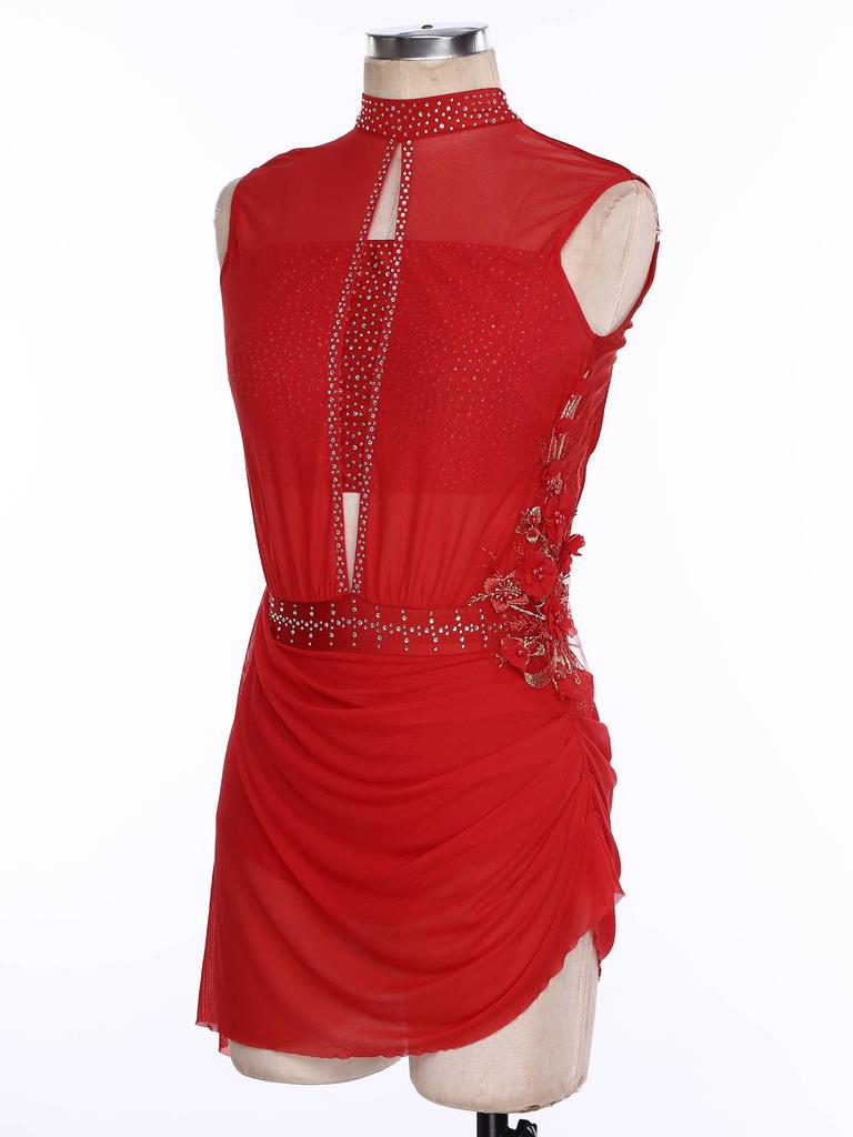 Женское платье для фигурного катания, без рукавов, с вырезом на спине, с прозрачной сеткой, аппликацией из страз, асимметричным подолом, костюм для выступлений