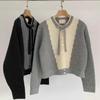 Sweet and Gentle Bowtie Sweater Jacket for Autumn and Winter, Small and College Style Short Contrasting Color Design Knitted
