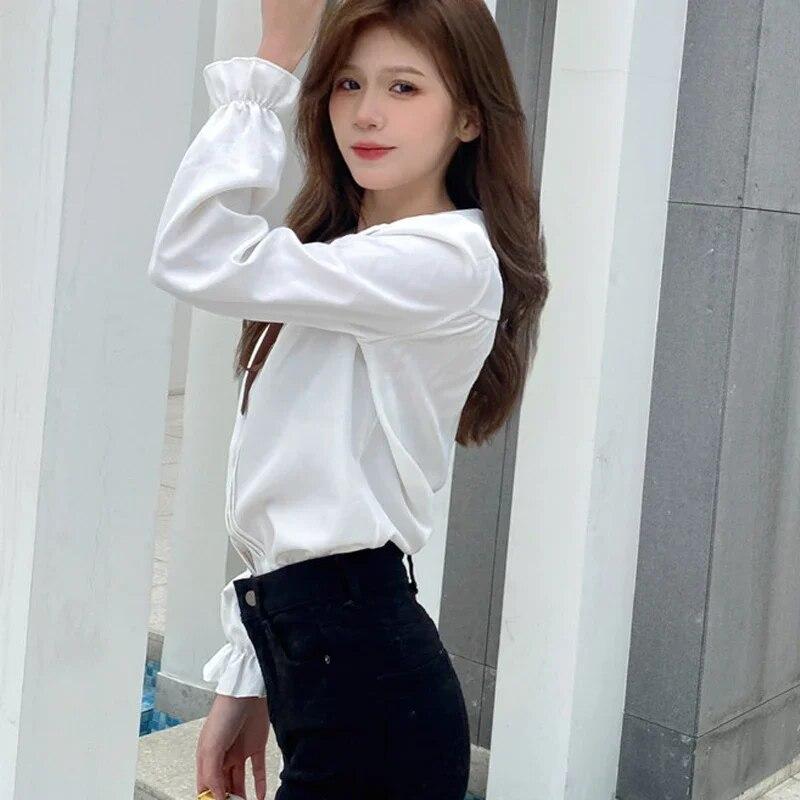 2024 модная женская белая рубашка с длинным рукавом, элегантная шифоновая блузка, женские корейские милые женские топы с бантом на воротнике, одежда Blusas 24163