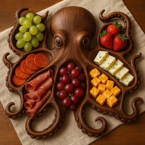 Octopus Charcuterie Board Seafood Serving Tray for Cheese Meats Fruits Ocean Themed Wood Food Platter for Gatherings