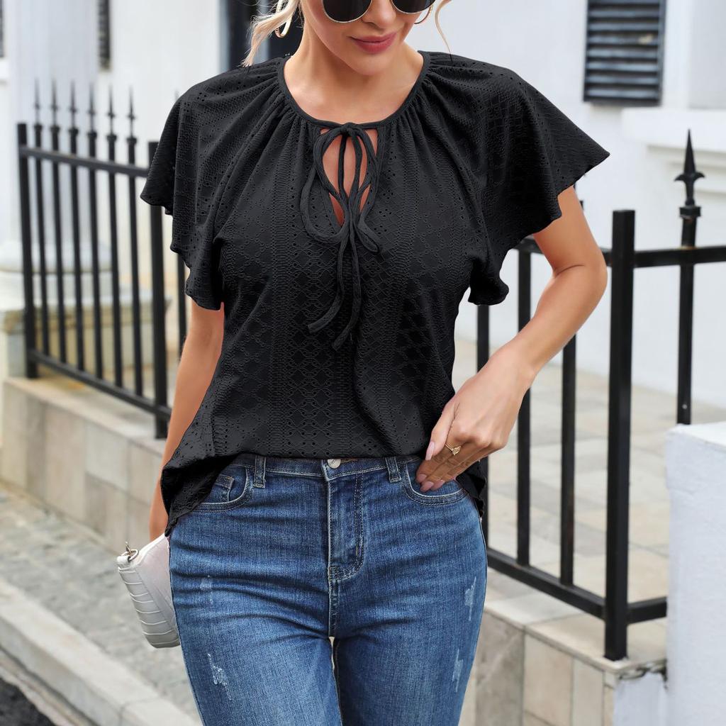 Летние женские топы, пуловер с короткими рукавами, однотонная футболка с вырезом, милый топ на шнуровке с воланами
