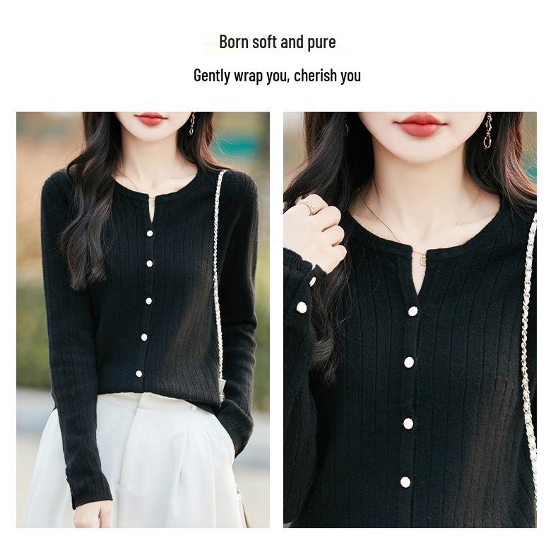 100% Pure Wool Ribbed Knit Cardigan, Round Neck, Long Sleeve, Solid Color, Loose Fit, Warm Outerwear for Autumn & Winter