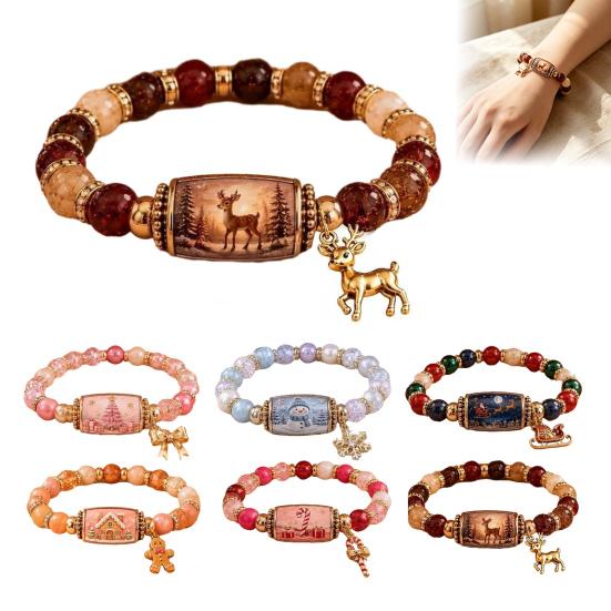 Metal Pendant Bracelets Christmas Story Beaded Bracelet, Bracelet with Santa Reindeer Snowman House Candy Comfortable Elastic Cane Tree Pattern,