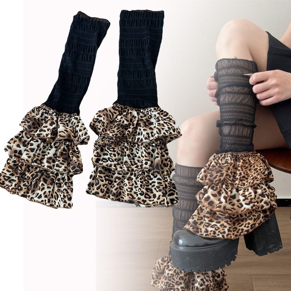 Winter Warm Ruffled Flared Leg Sleeve Leopard Print Tiered Piled Calf Socks Ruched Leg Warmer