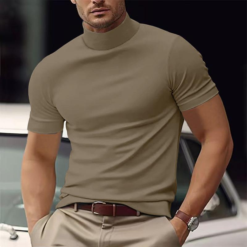 Mens Slim Fit Half Turtleneck Solid Color Short Sleeve Casual T Shirt