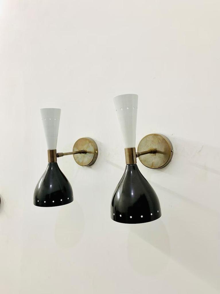 Mid Century Brass Diabolo Wall Sconce Pair: Italian Bedside Lamp