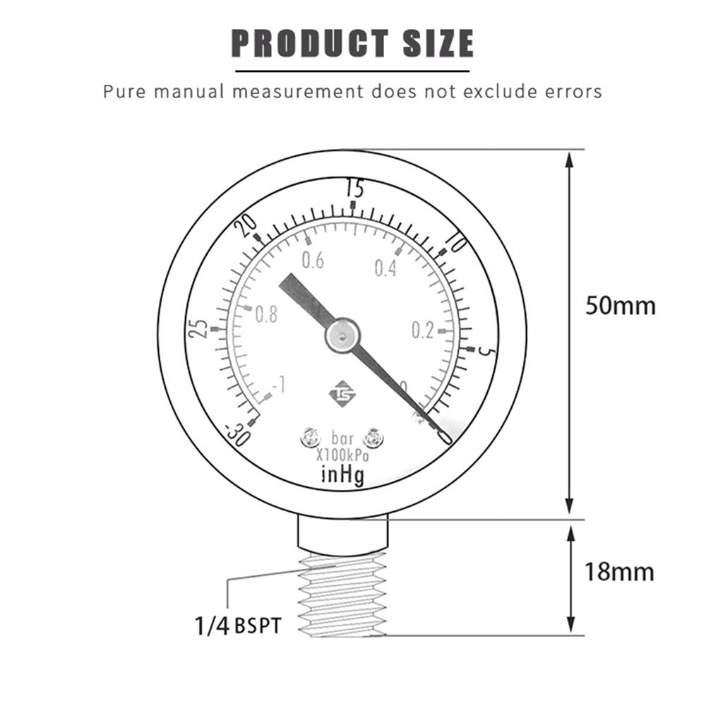 TS-50-1+1 Instrument 1/4'' BSPT Thread Mount Gas Water Pressure Gauge Stainless Steel Case Dry Vacuum -30inHg/0