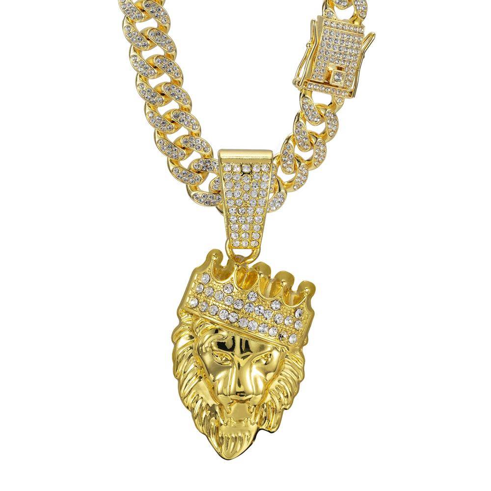 Men's Hip Hop 3D Crown Lion Head Pendant Necklace, with 13mm Cuban Chain Animal Lion Head Rock Necklaces Fashion Punk Jewelry