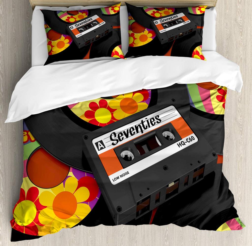 Cartoon Black Record Duvet Cover Set Retro Record Comforter Cover for Boy Girl Music Theme Bedding Set Queen King Duvet Covers