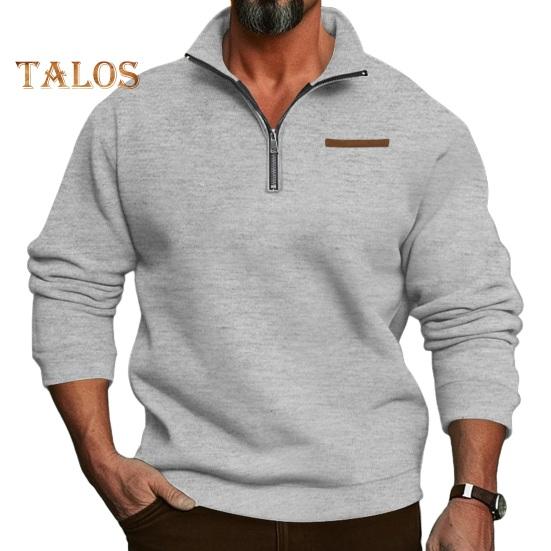 Fall Winter Men Sweatshirt Half Zipper Stand Collar Loose Solid Color Thick Plush Elastic Cuff Pullover Casual Holiday Sport Top