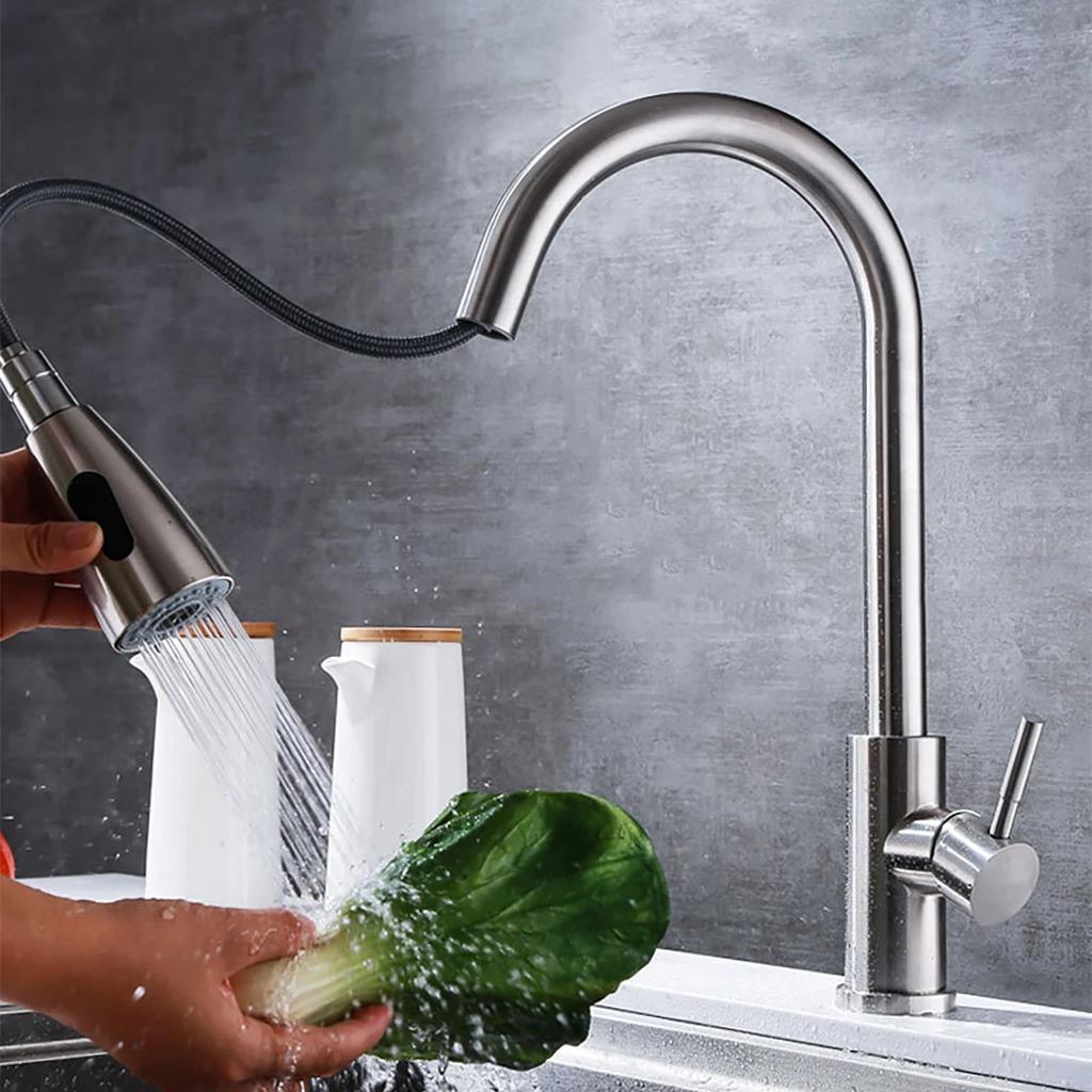 Kitchen Faucets 304 Stainless Steel Pull Out Kitchen Sink Water Tap Deck Mounted Mixer Stream Sprayer Head Hot Cold Taps