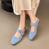 Fashion New Fashion Buckle Strap Pointed Toe Women Slippers Summer Shallow Square Low Heels Shoes Slide Mule Ladies Pumps