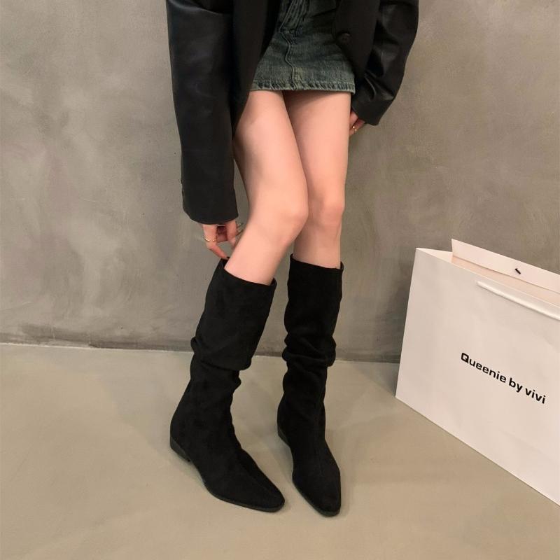 Зимние новые модные женские сапоги однотонные с острым носком на низком каблуке, замшевые, с квадратным каблуком, женские высокие модные сапоги