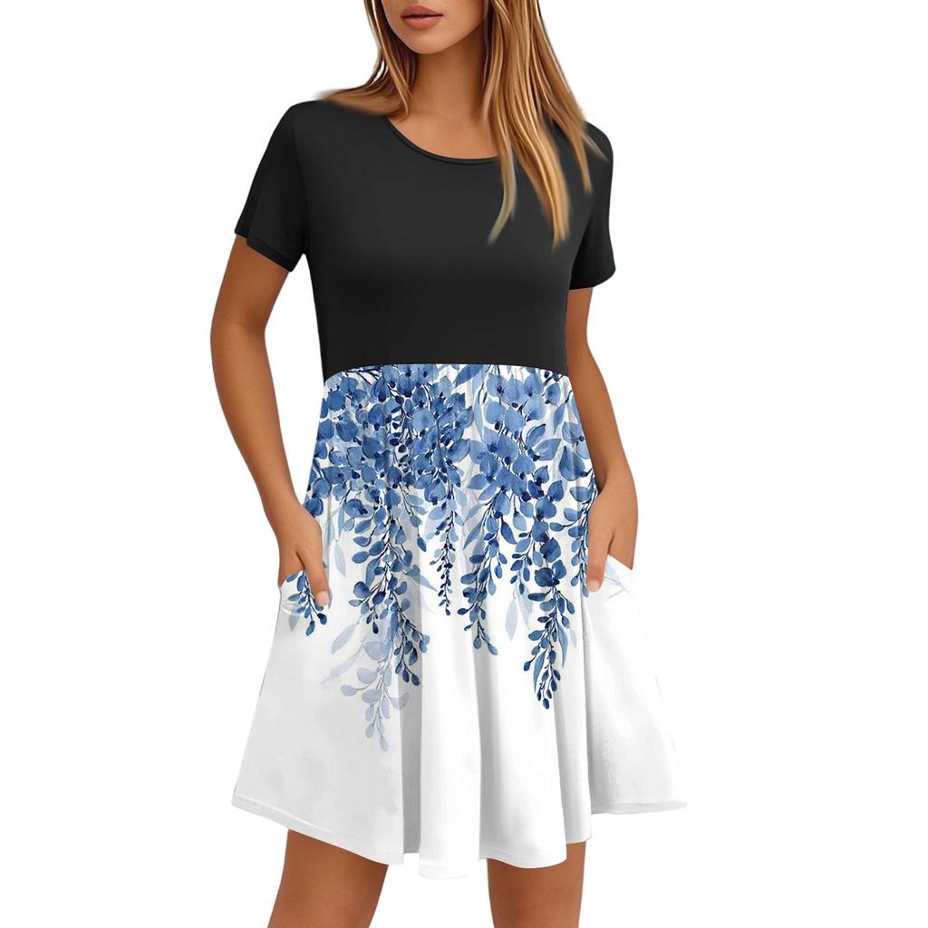 Женские модные повседневные свободные платья с круглым вырезом и коротким рукавом с принтом и карманами