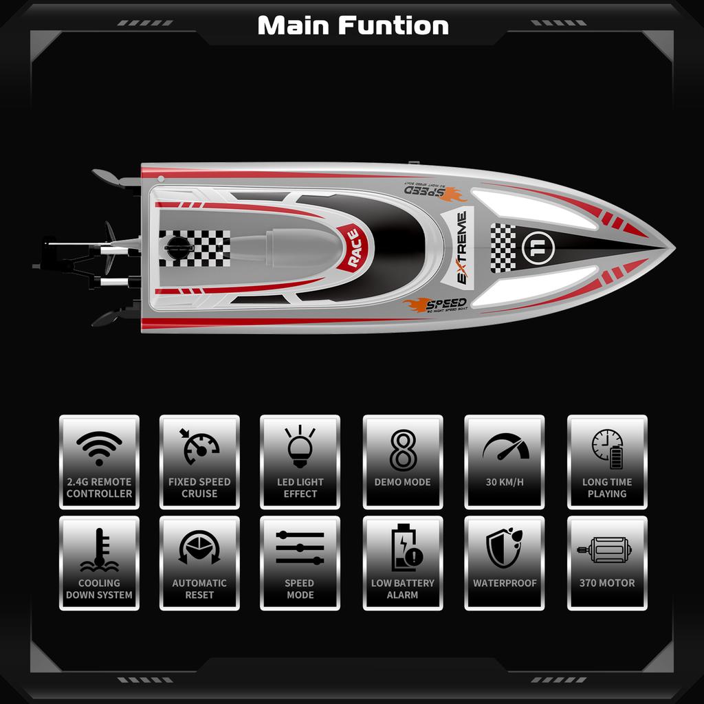 30 км/ч Высокоскоростной катер с дистанционным управлением 2,4 ГГц Катер для взрослых Система водяного охлаждения Напоминание о низком заряде Датчик воды