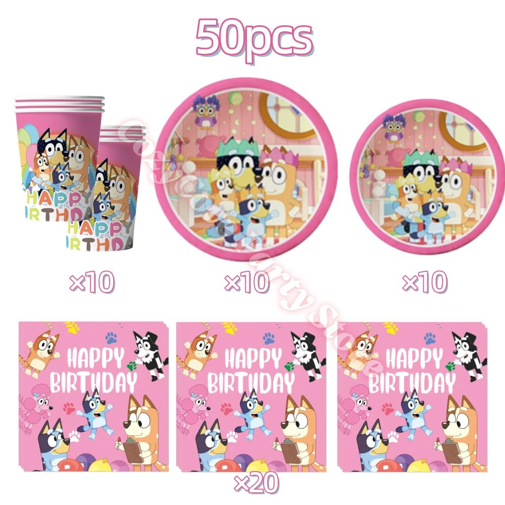 Pink Bluey Birthday Party Decoration Bingo Puppy Tableware Set Cup Plate Straws Balloons For Kids Favor Gifts Photo Booth Props