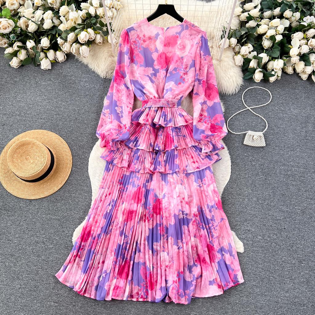 Новое осеннее элегантное женское платье с круглым вырезом и принтом в стиле пэчворк, складками и оборками, с длинными рукавами и высокой талией