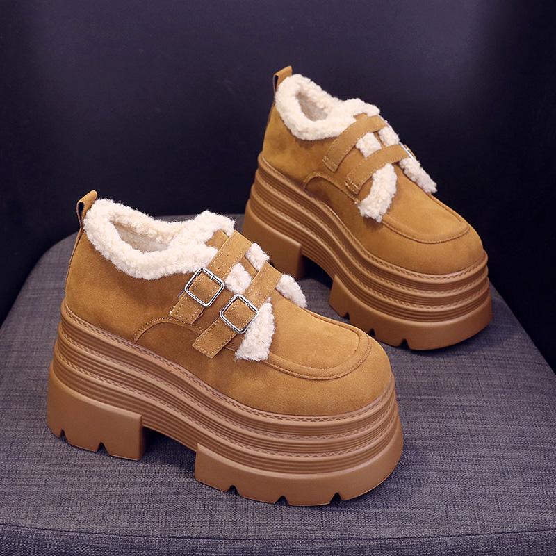 10СМ Замша Коровья Натуральная Кожа Платформа Танкетка Зимние Плюшевые Осенние Ботинки Весна Женские Ботильоны Обувь Труба