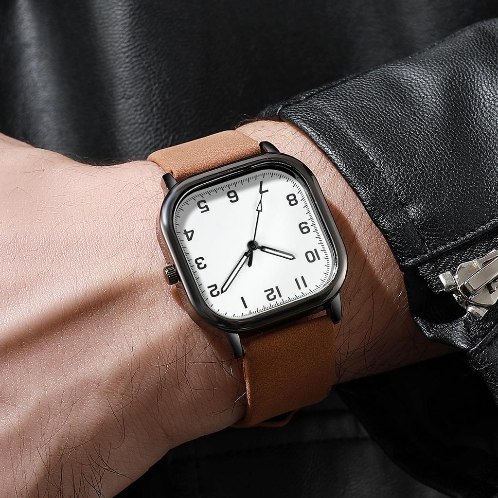 3 шт. Мужские деловые часы Модные квадратные часы с арабским циферблатом Кварцевые часы Повседневные наручные часы с кожаным ремешком для мужчин Часы