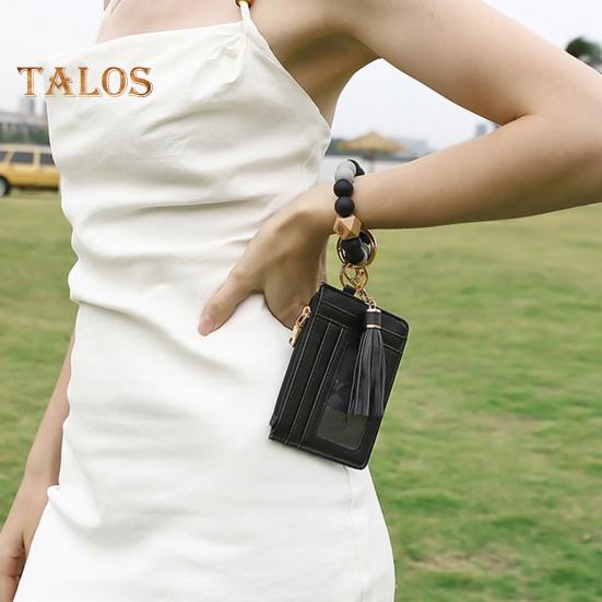 Брелок на запястье с блокировкой RFID и 6 отделениями для карт, браслет с кисточками и бусинами, брелок из искусственной кожи