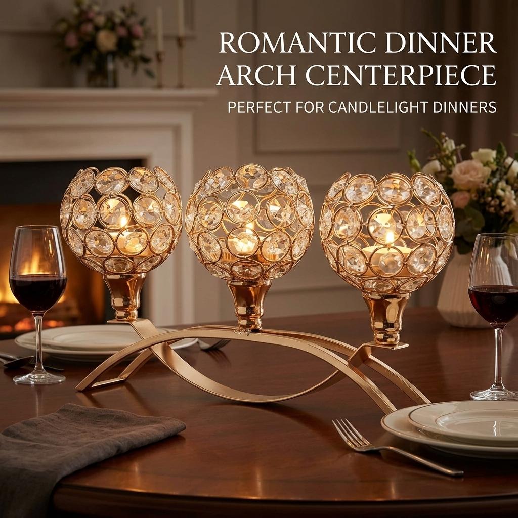Wedding Guest Crystal Candle Holder Romantic Table Centerpiece for Pillar Candles Gold Metal Arch Dining Room Home Decor