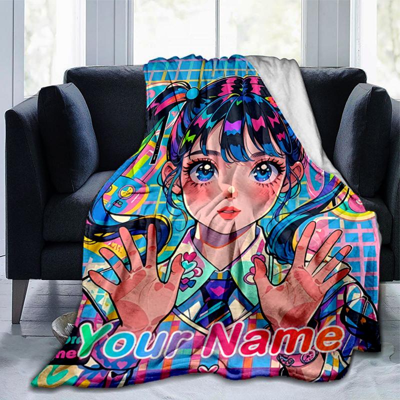 1PC Custom Name Colorful Anime Girl flannel blanket versatile,all-season throw suitable for the living room,bedroom,camping,travel,and gift