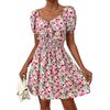 Summer Women's Dress Floral Skirt High-waisted Puffy Sleeve Dress