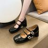 Springand Autumn Casual Fashion Round Toe Square Heel Solid Color Non-slip Wear-resistant Simple Women's Belt with Single