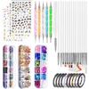 Complete nail art decoration kit with nail brushes, rhinestone kit with stickers, dotting pen, foil, flakes, gold and silver thread