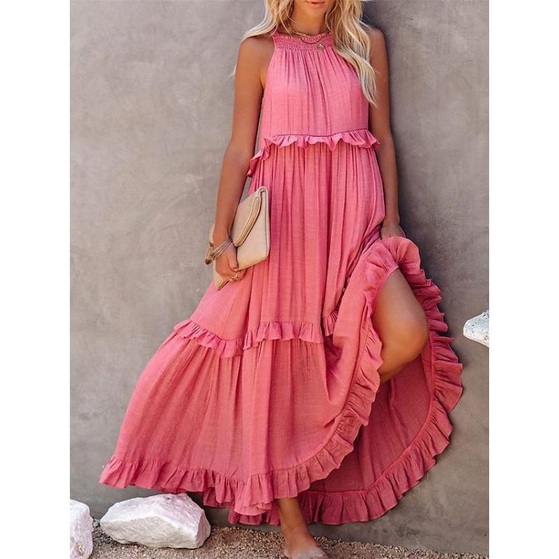 Fashion Elegant Sleeveless Ruffled Maxi Long Dress New O Neck Loose Casual Simple Summer A-line Beach Dresses Female Pleated Solid Color Clothing