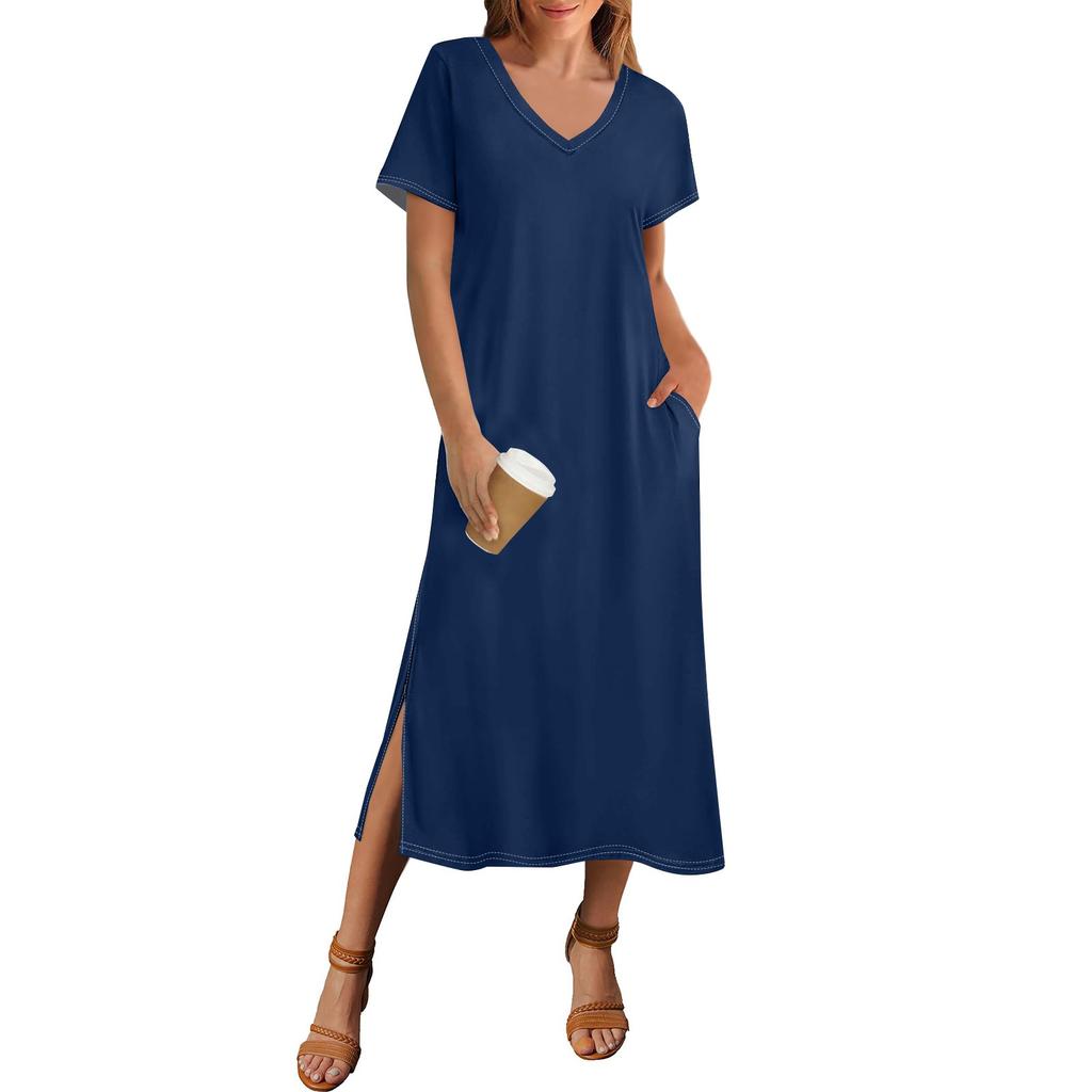 Женское летнее однотонное платье с коротким рукавом, пляжное платье с карманом, повседневное платье с V-образным вырезом и боковыми разрезами