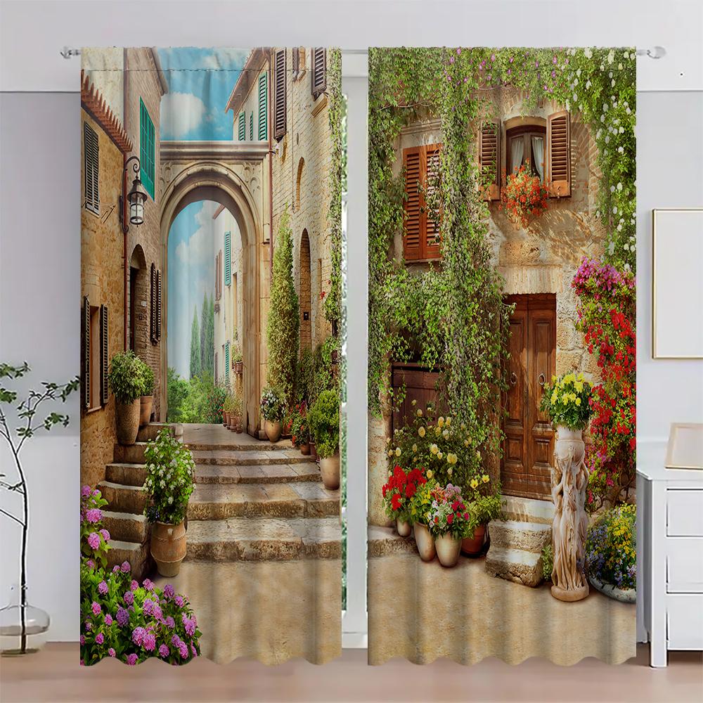 2PC Home Nostalgic Architecture Curtains With Landscape Background And Pole Pocket Curtains, Kitchen, Coffee Shop, Living Room,