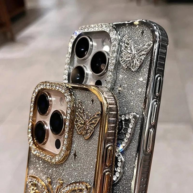 Женский чехол для телефона с бриллиантовой бабочкой для iPhone 17 16 Pro Max 11 12 13 14 15 Plus, прозрачный, с покрытием, мягкий силиконовый чехол