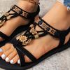 Элегантные женские сандалии на плоской подошве со стразами и бабочками — черные, с открытым носком, с золотистыми пряжками в виде цветов, надежный эластичный ремешок, женские сандалии
