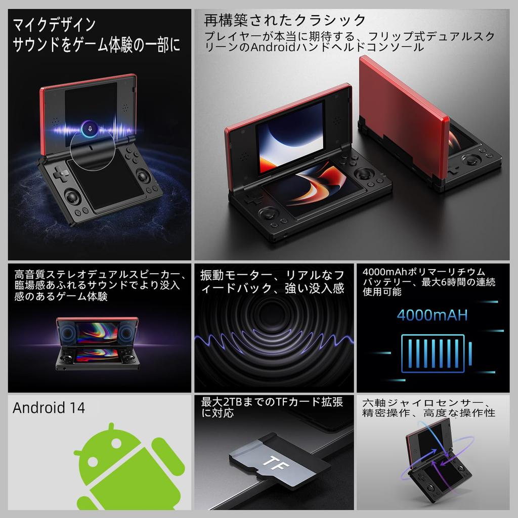 Whatsko RG DS Складная портативная игровая консоль с двумя экранами RK3568 Android 14 4-дюймовый OCA-дисплей 4000 мАч Холловский переключатель Красный Черный